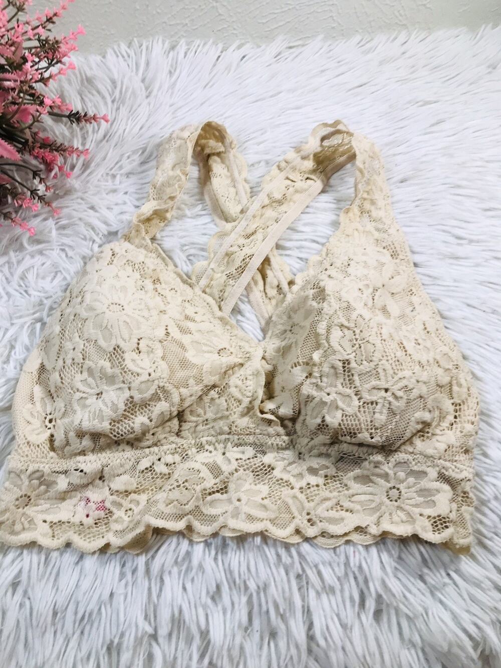 No Boundaries Brown Floral Lace Bralette Bra Wireless Pullover Racerback Pads M